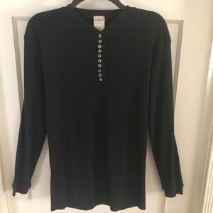 Black Ribbed Long Sleeve Buttoned Tee